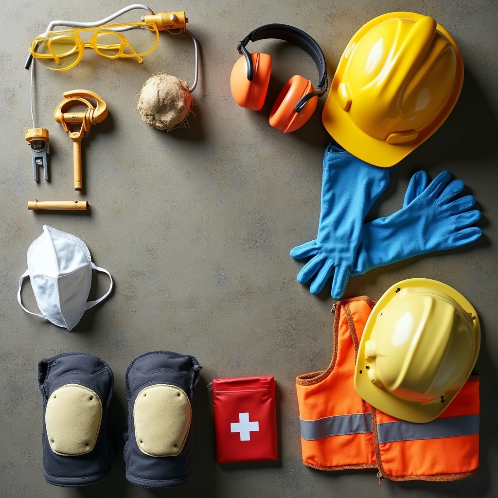 Sada základných nástrojov s ochrannými pomôckami na pracovnom stole