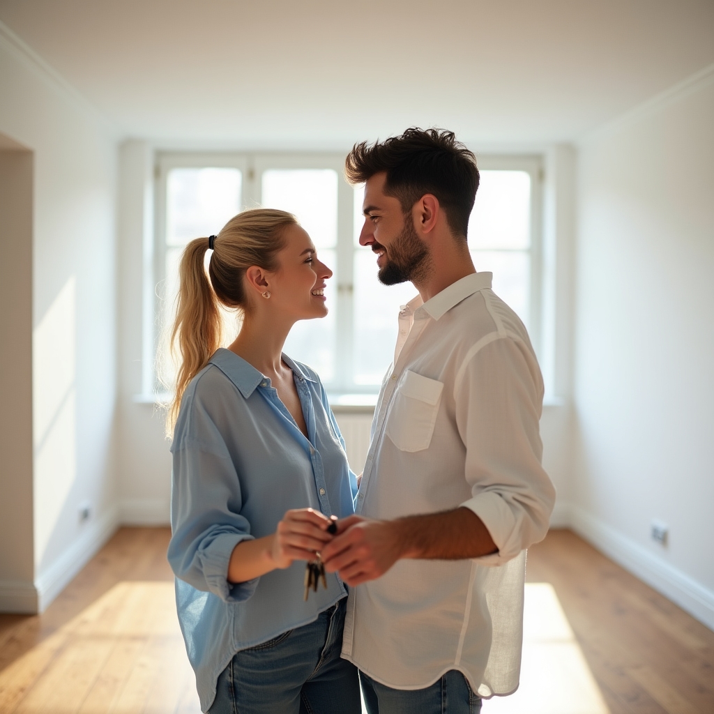 Mladý pár pri preberaní kľúčov od nového bytu